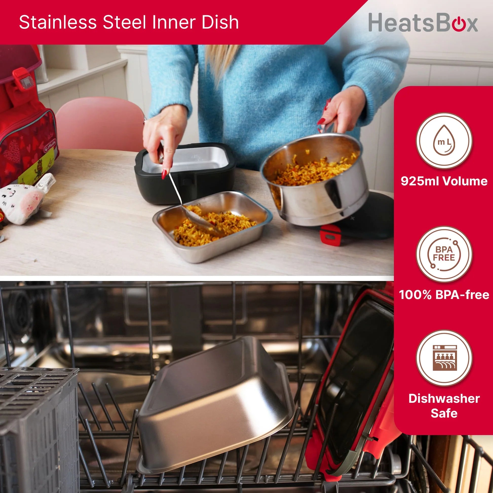 HeatsBox Inner Dish Set – 2 Reusable Stainless Steel Containers with Lids – Freezer & Oven Safe