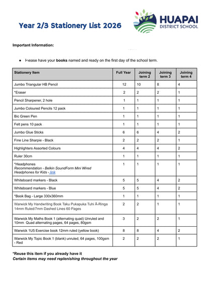 Year 2/3 Stationery List 2026 for Huapai District School