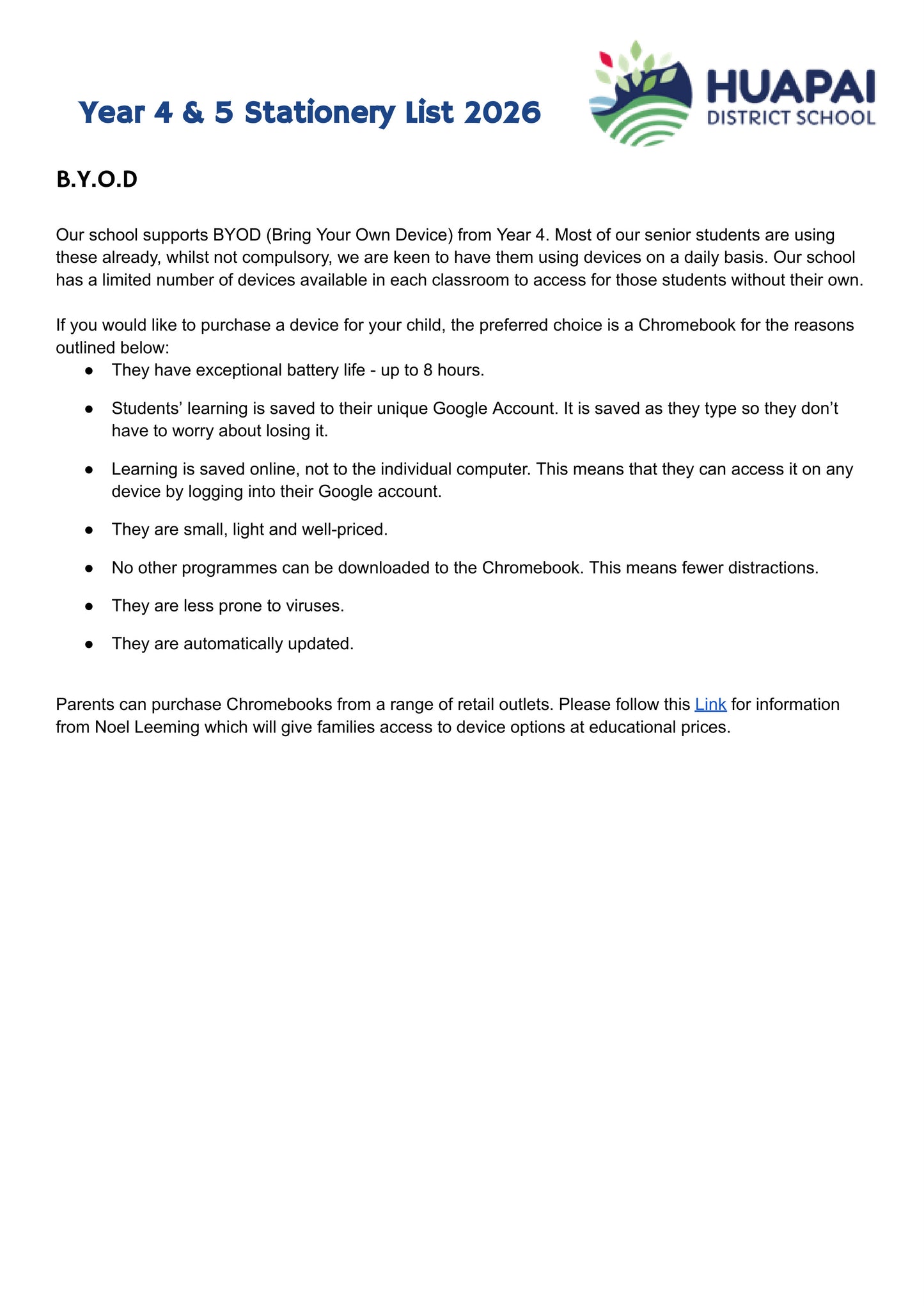 Huapai District School Stationery List 2026 Year 4 & 5 BYOD