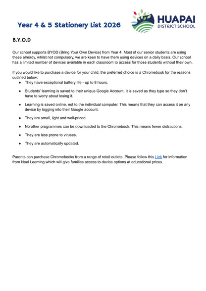 Huapai District School Stationery List 2026 Year 4 & 5 BYOD