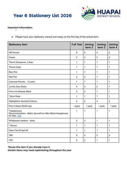 Huapai District School Stationery List 2026 Year 6