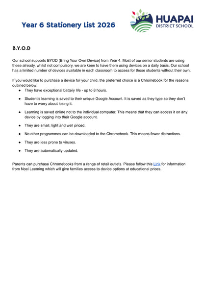 Huapai District School Stationery List 2026 Year 6 BYOD