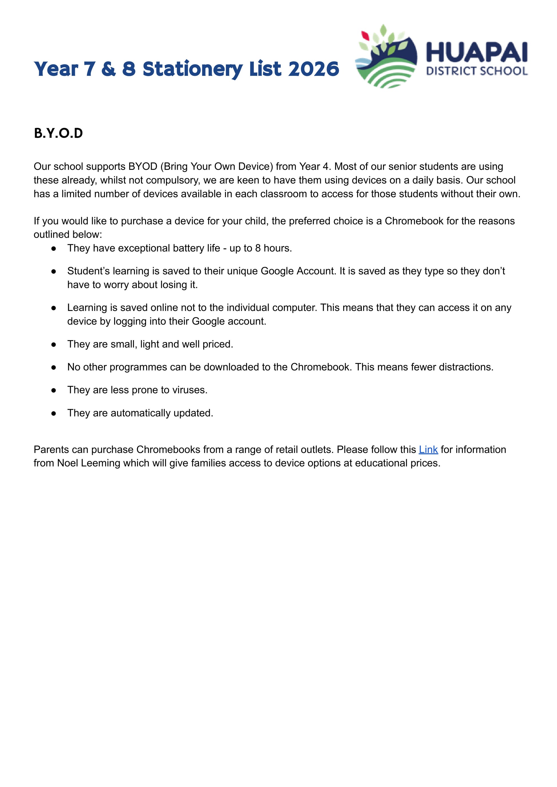 Huapai District School Stationery List 2026 Year 7 & 8