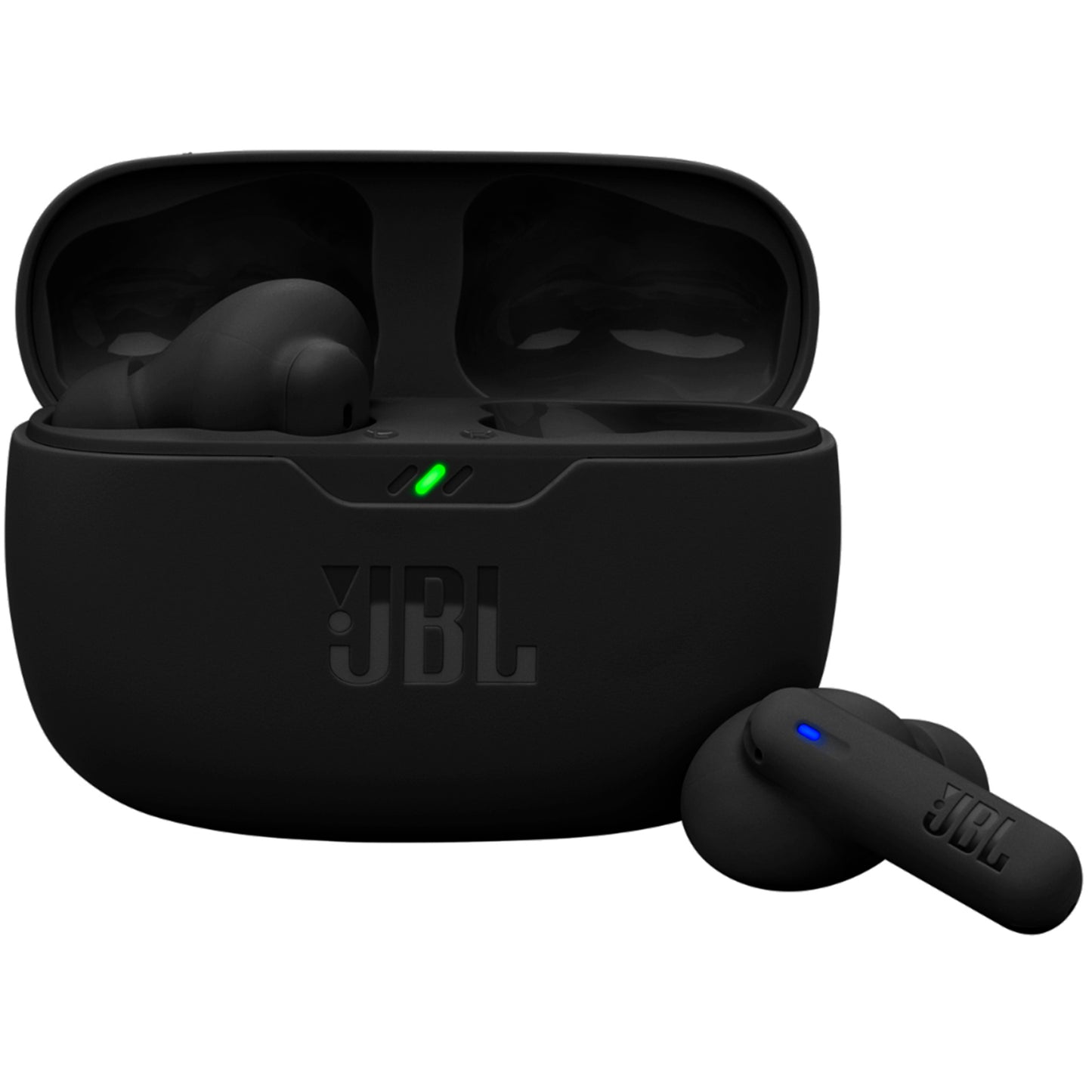 JBL Wave Beam 2 earbuds and case with USB-C charging cable
