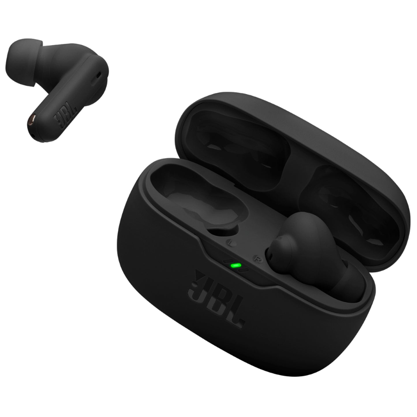 JBL Wave Beam 2 earbuds and case with USB-C charging cable