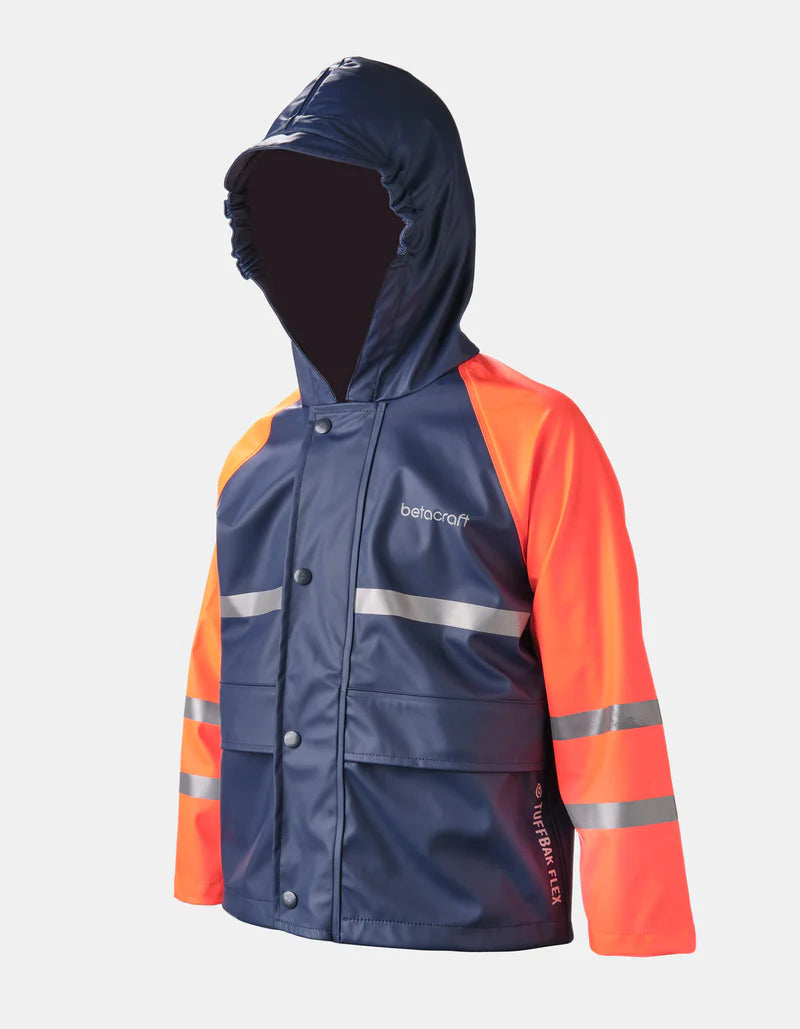Junior FlexBak Kids 100% Waterproof Raincoat Parka Navy-Orange Size 4 to 14