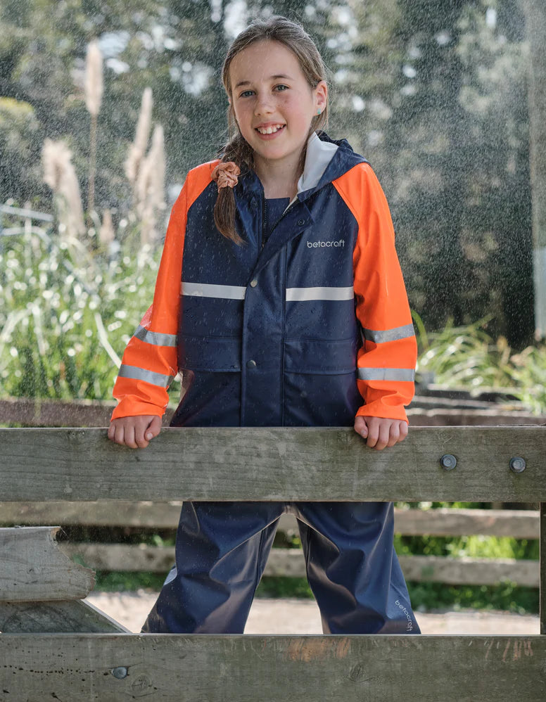 Junior FlexBak Kids 100% Waterproof Raincoat Parka Navy-Orange Size 4 to 14