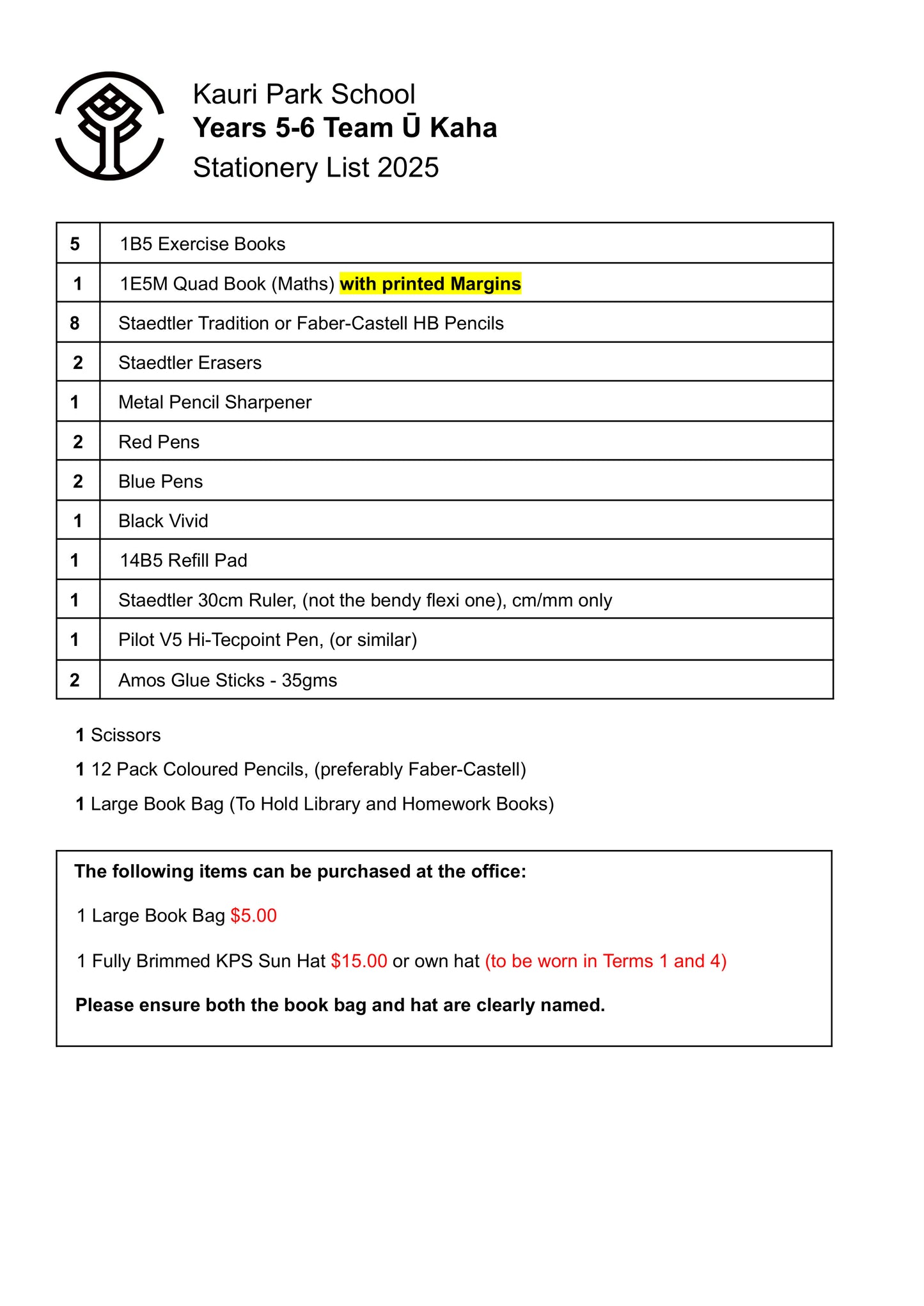 Kauri Park School Stationery Pack 2025 Year 5 & 6 Team Ū Kaha