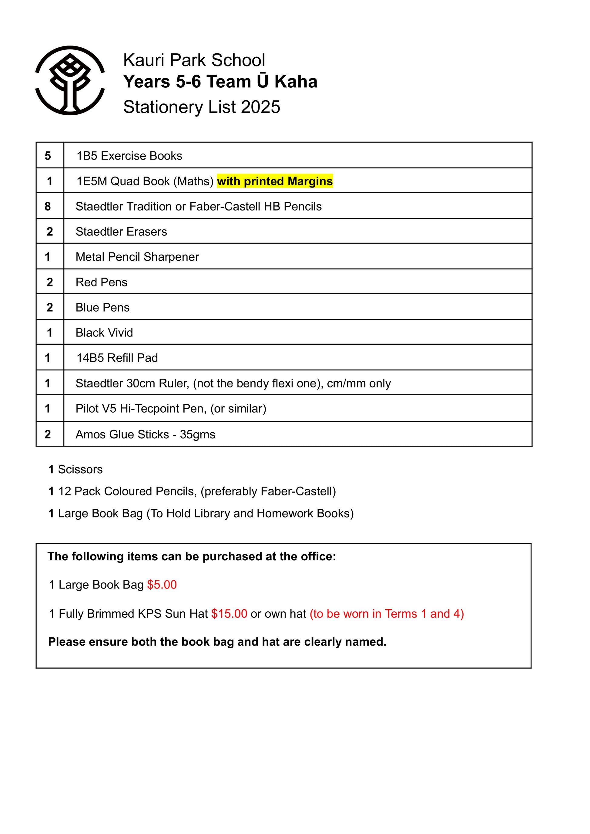 Kauri Park School Stationery Pack 2025 Year 5 & 6 Team Ū Kaha