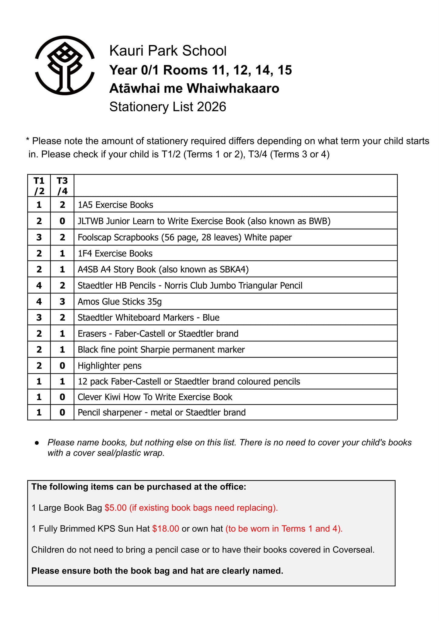 Kauri Park School Stationery List 2026 Year 0 & 1 