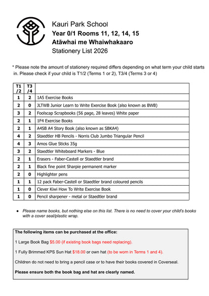 Kauri Park School Stationery List 2026 Year 0 & 1 