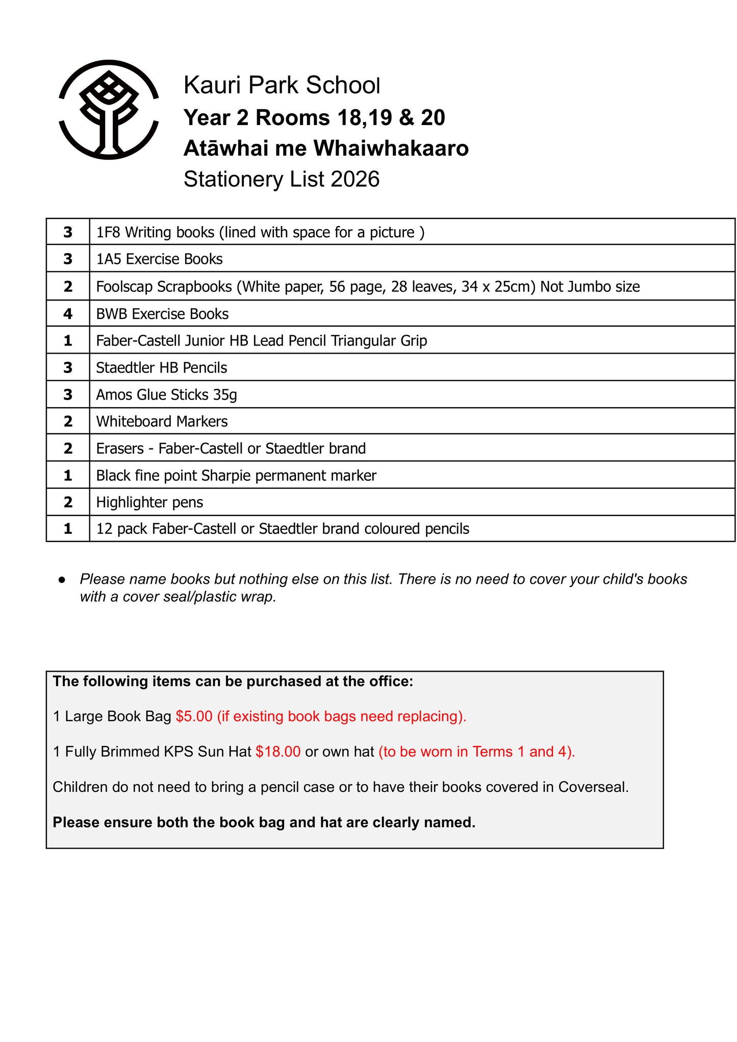 Kauri Park School 2026 Stationery Lisy Year 2