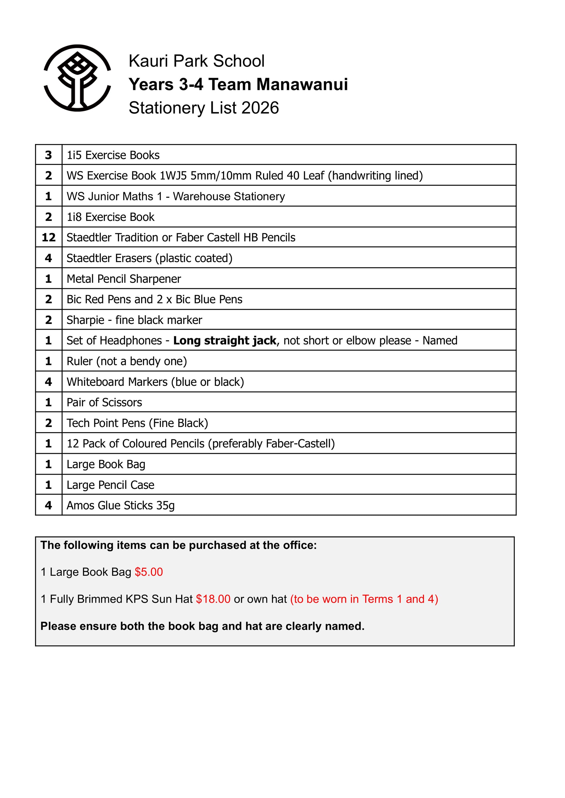 Kauri Park School 2026 Stationery List Year 3 & 4