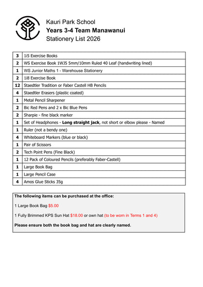 Kauri Park School 2026 Stationery List Year 3 & 4