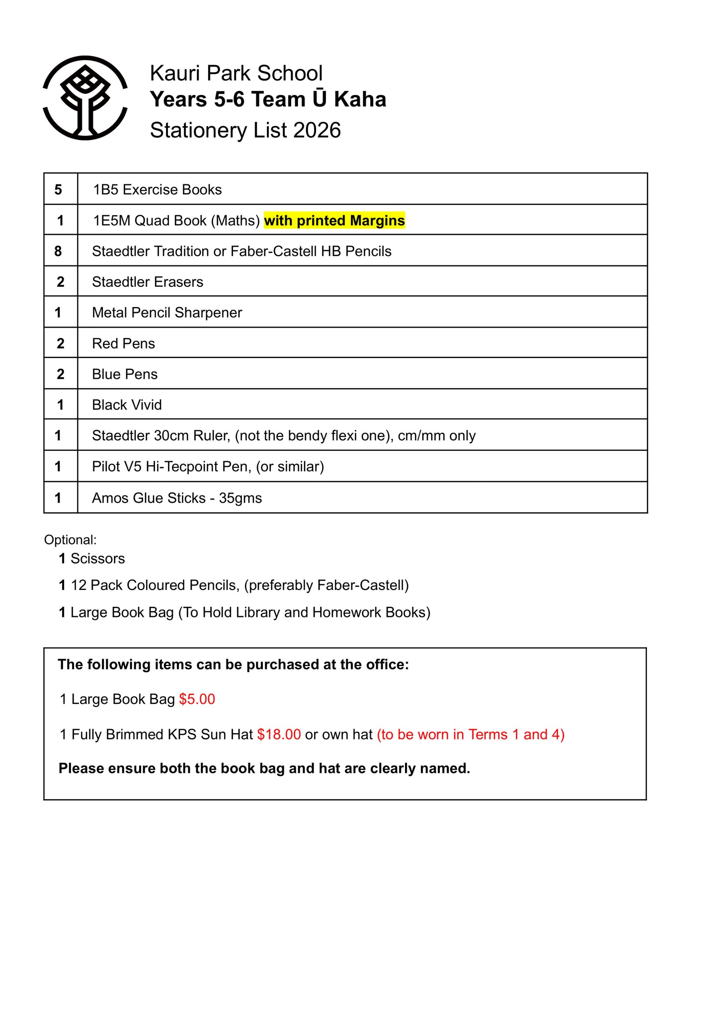 Ka List Year 5 & 6uri Park School 2026 Stationery