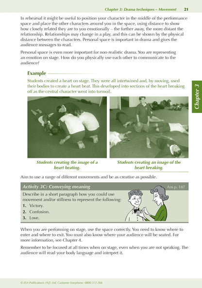 Learnwell Level 1 Drama ESA Study Guide covering NCEA Level 1 Achievement Standards 1.1 to 1.7 with theory, examples, photos, illustrations and student practice activities.