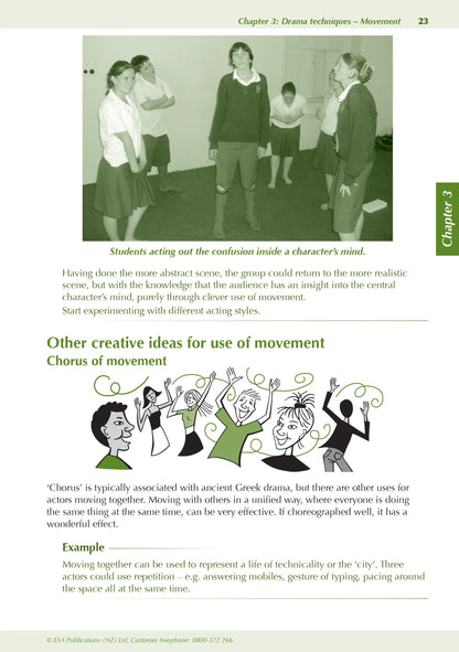 Learnwell Level 1 Drama ESA Study Guide covering NCEA Level 1 Achievement Standards 1.1 to 1.7 with theory, examples, photos, illustrations and student practice activities.