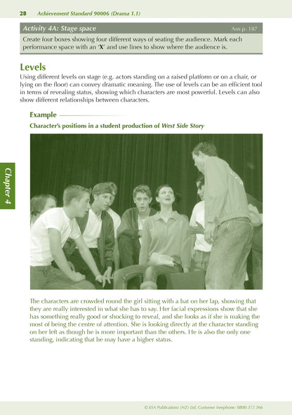 Learnwell Level 1 Drama ESA Study Guide covering NCEA Level 1 Achievement Standards 1.1 to 1.7 with theory, examples, photos, illustrations and student practice activities.