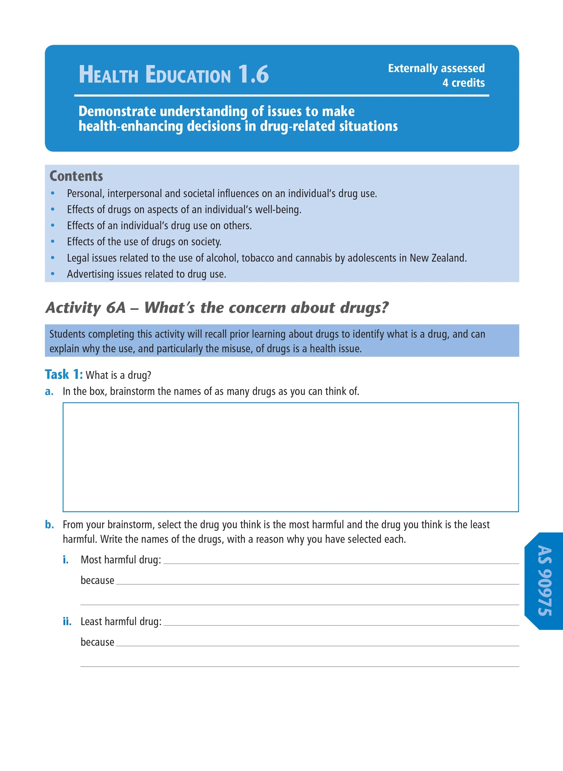 Learnwell Level 1 Health Education Learning Workbook covering NCEA Level 1 Achievement Standards 1.1 to 1.6 by Jenny Robertson and Rachael Dixon