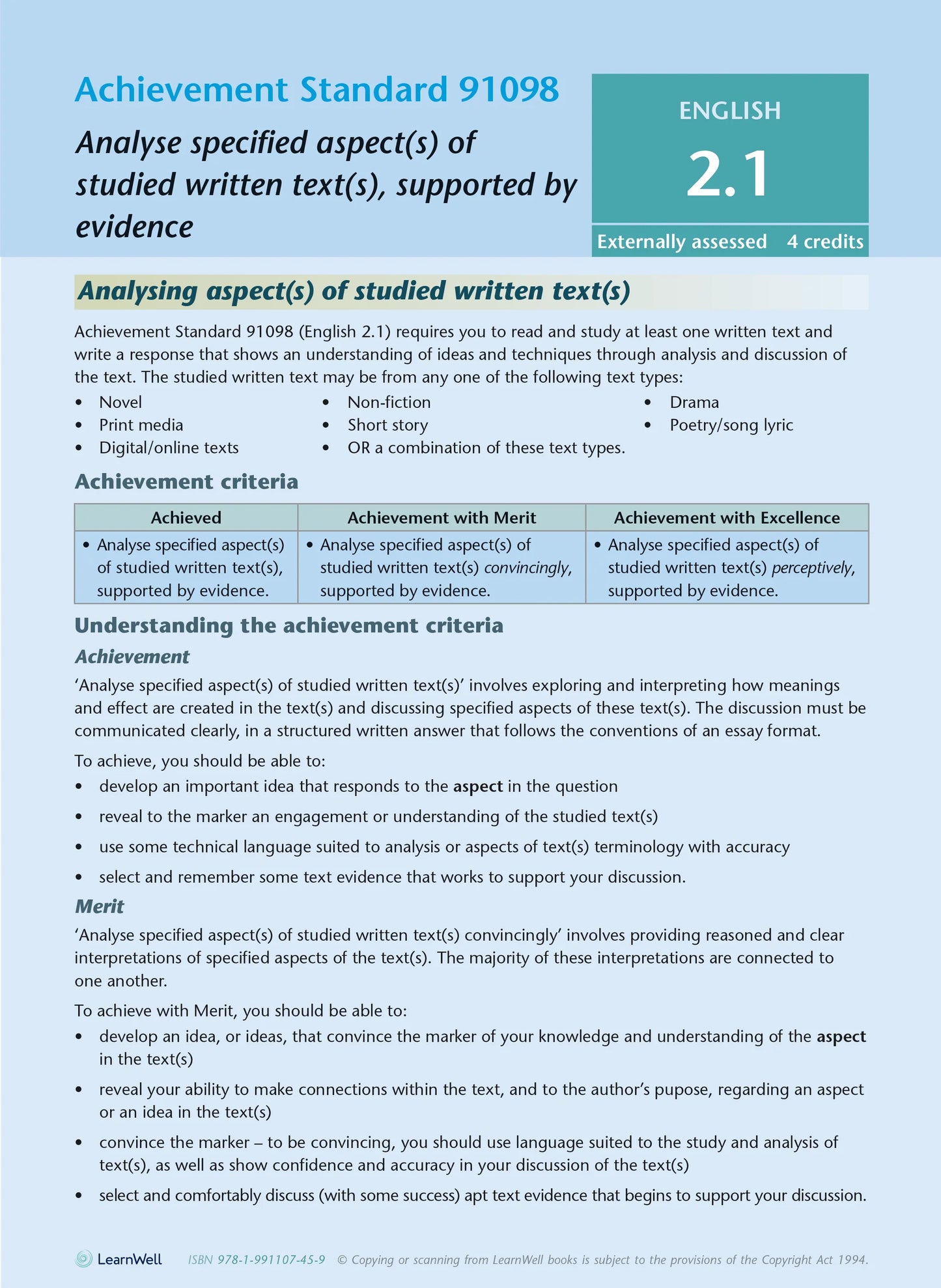 Learnwell Level 2 English AME Workbook - NCEA Level 2 Study Guide NZ
