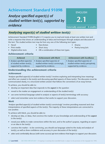Learnwell Level 2 English AME Workbook - NCEA Level 2 Study Guide NZ