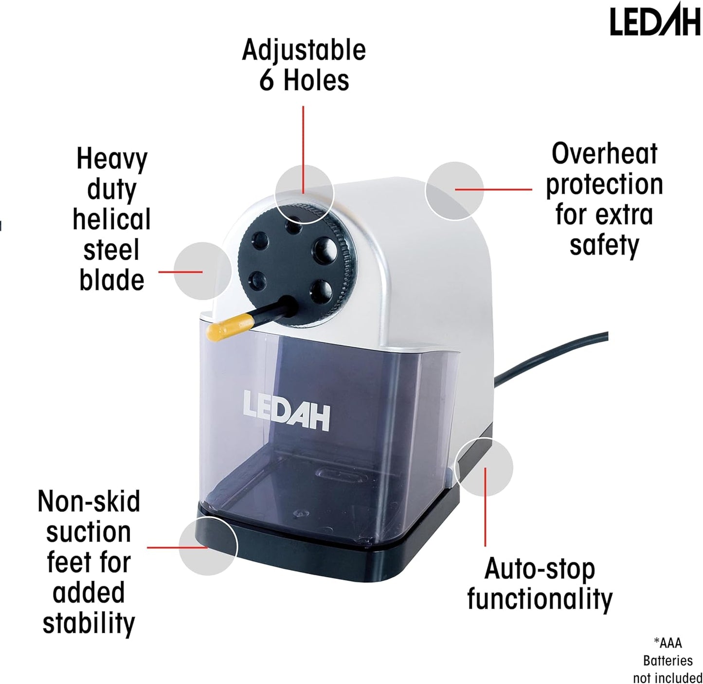 Ledah Electric Pencil Sharpener 11333 upto 11mm Heavy Duty 6 Hole
