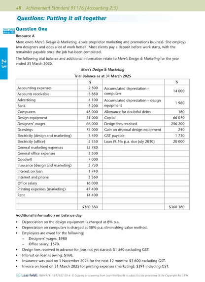 Level 2 Accounting AME Workbook 2026 Edition by Anne Dick covering NCEA Level 2 Accounting Achievement Standards 2.1, 2.3 and 2.4.