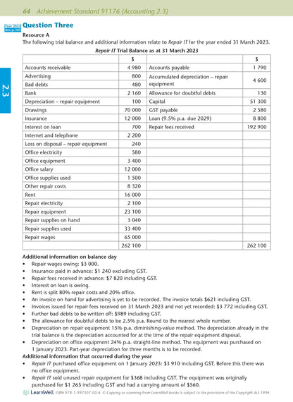 Level 2 Accounting AME Workbook 2026 Edition by Anne Dick covering NCEA Level 2 Accounting Achievement Standards 2.1, 2.3 and 2.4.