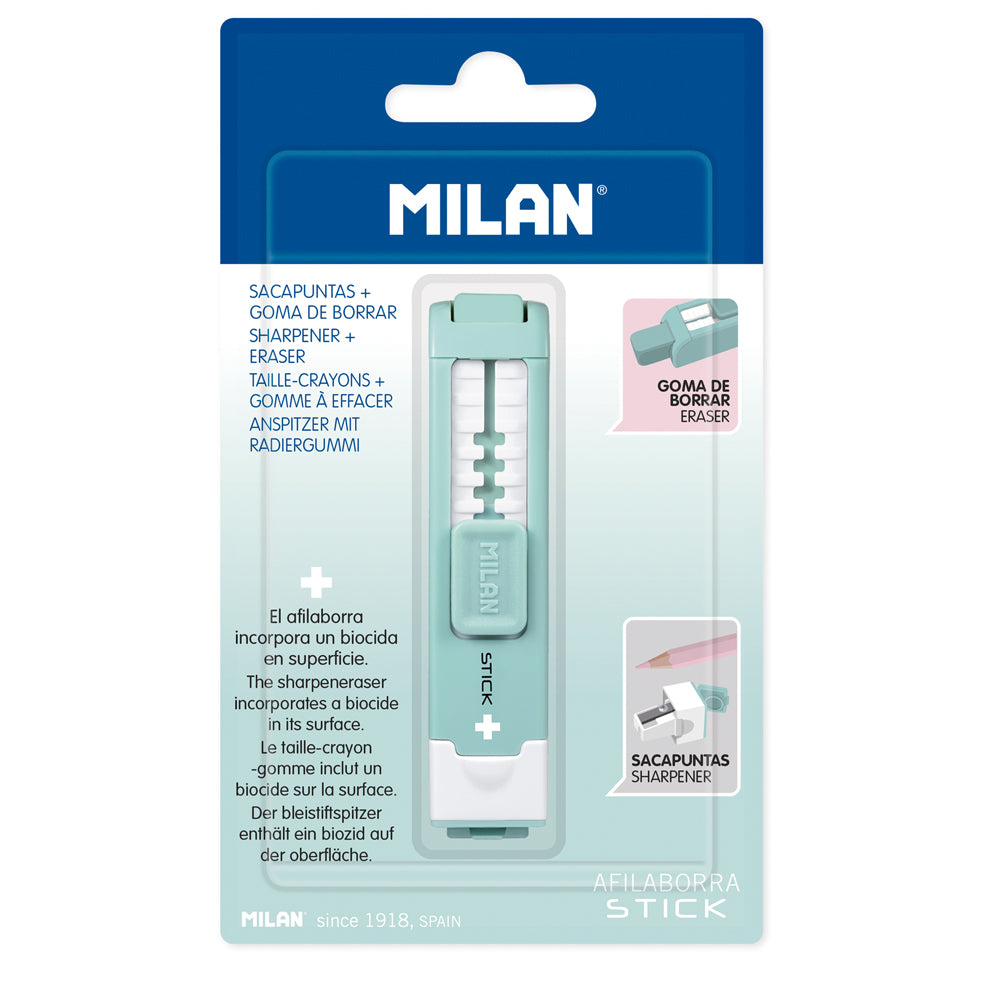 Milan Anti-Bacterial Stick Sharpener + Eraser Turquoise