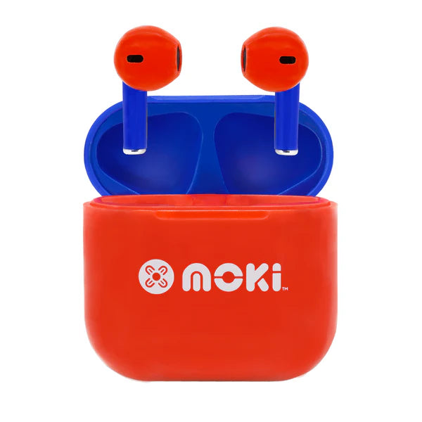 MokiPods Mini Kids Earphones Bluetooth TWS Volume Limited Red-Blue