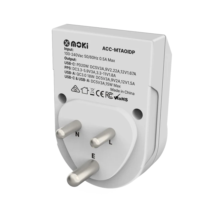 Moki Travel Adaptor PLUS AU/NZ to India | 20W USB-C PD