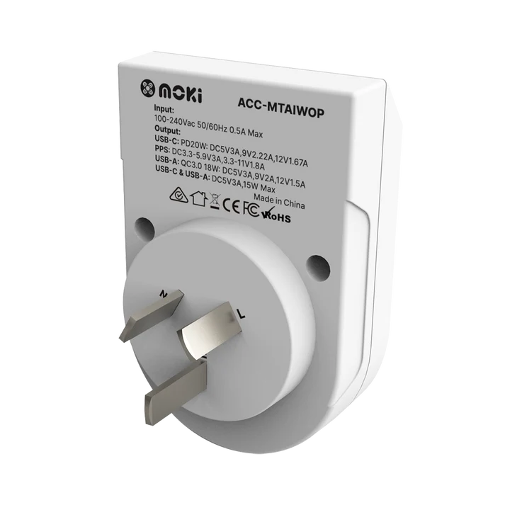 Moki Travel Adaptor PLUS – World (Excl. Europe) to AU/NZ - 20W USB-C PD