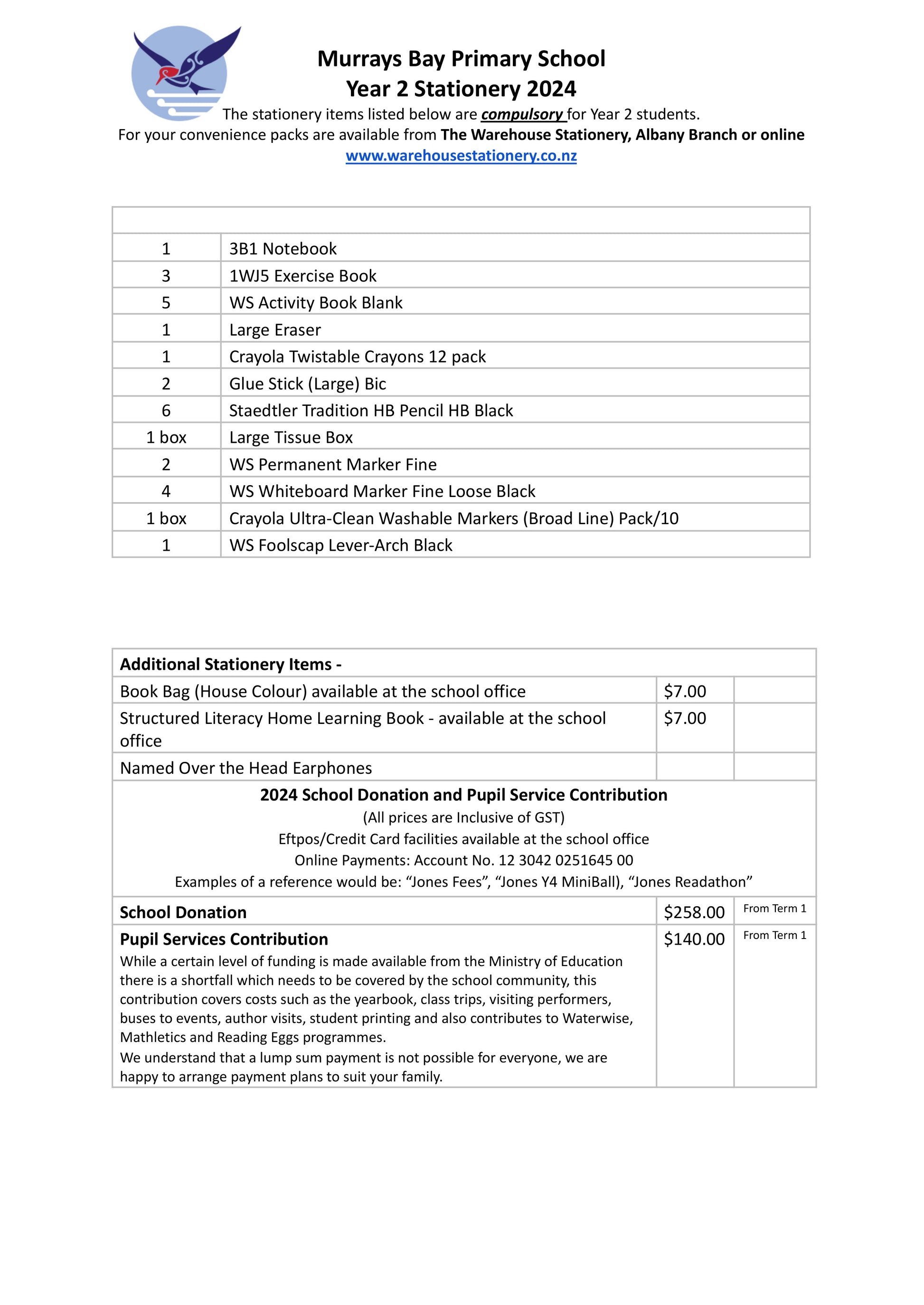 Murrays Bay Primary School Stationery Pack 2024 Year 2