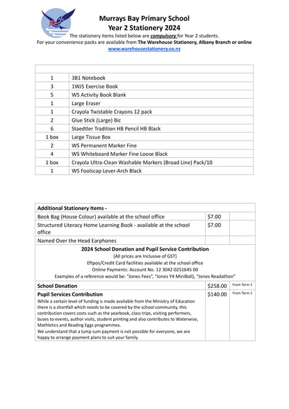 Murrays Bay Primary School Stationery Pack 2024 Year 2