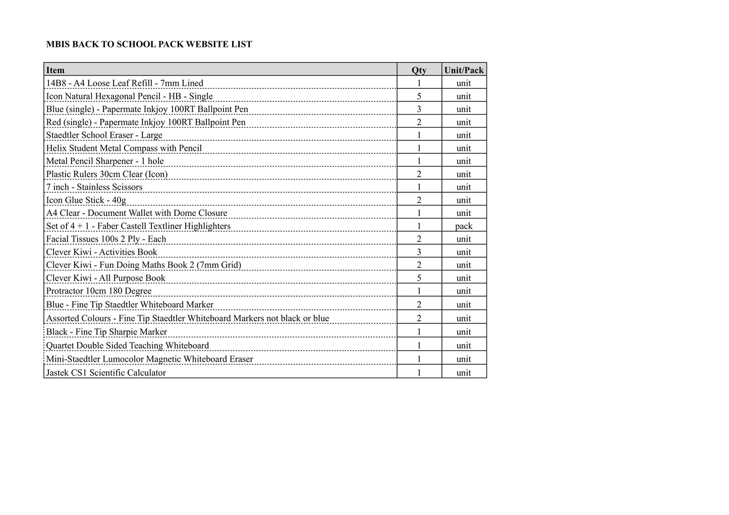 Murrays Bay Intermediate School Stationery List 2026