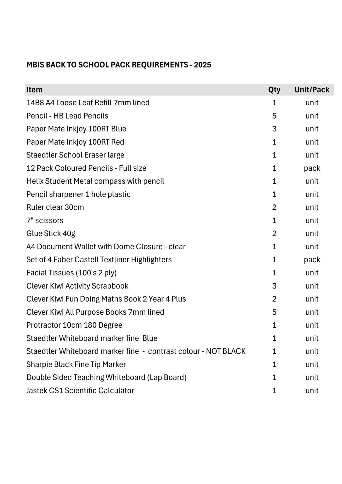 Murrays Bay Intermediate School Stationery List 2025