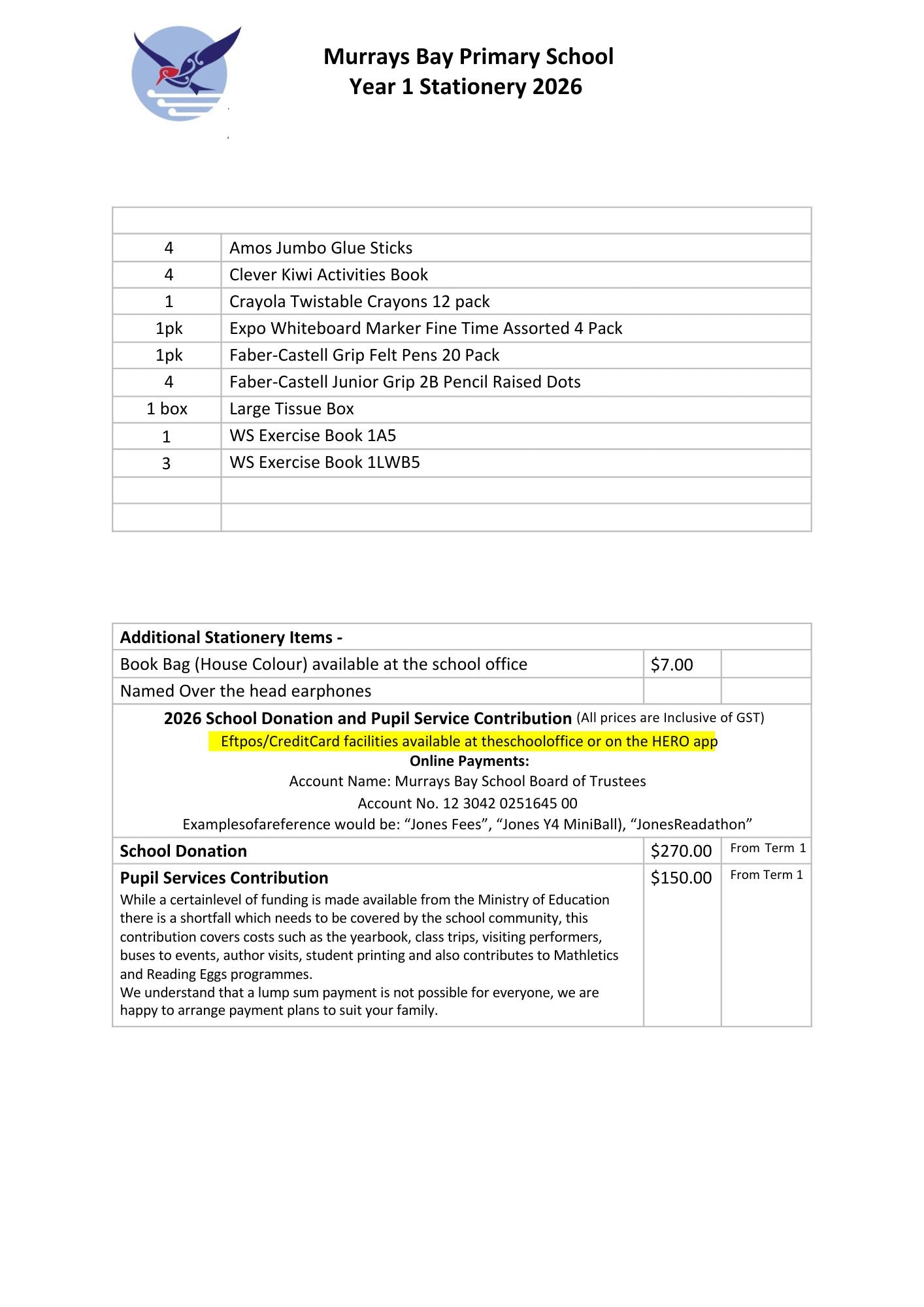 Murrays Bay Primary School Stationery List 2026 Year 1