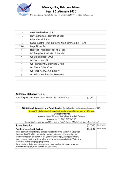 Murrays Bay Primary School 2026 Stationery List Year 2