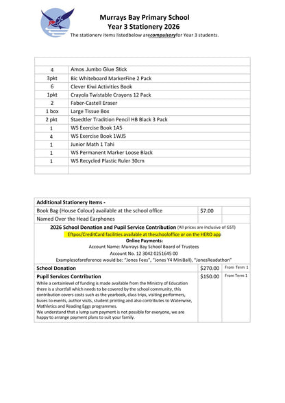 Murrays Bay Primary School 2026 Stationery Pack Year 2