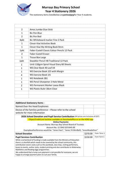 Murrays Bay Primary School 2026 Stationery List Year 4
