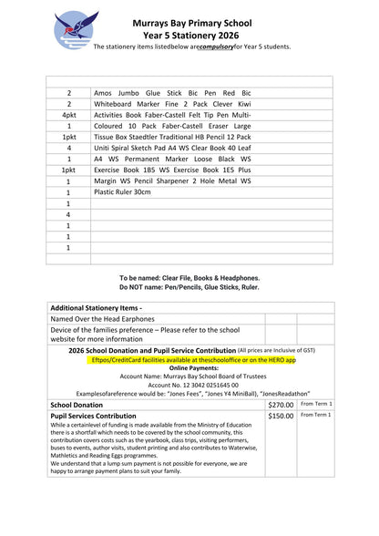 Murrays Bay Primary School 2026 Stationery List Year 5