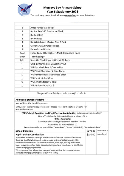 Murrays Bay Primary School 2026 Stationery List Year 6