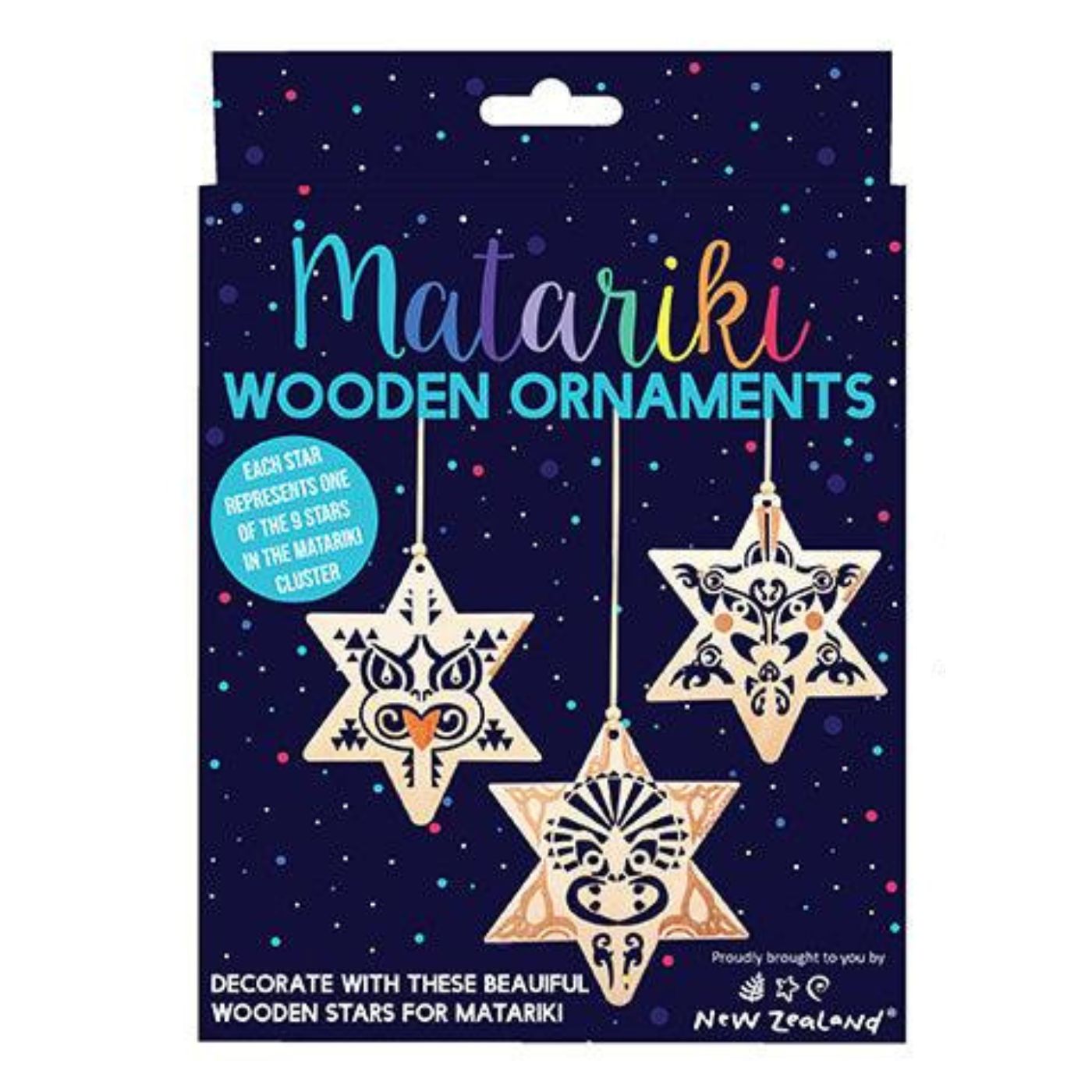 NZ Matariki Hanging Star Ornament Set 9pc Wooden Decorations Representing the Nine Stars of Matariki