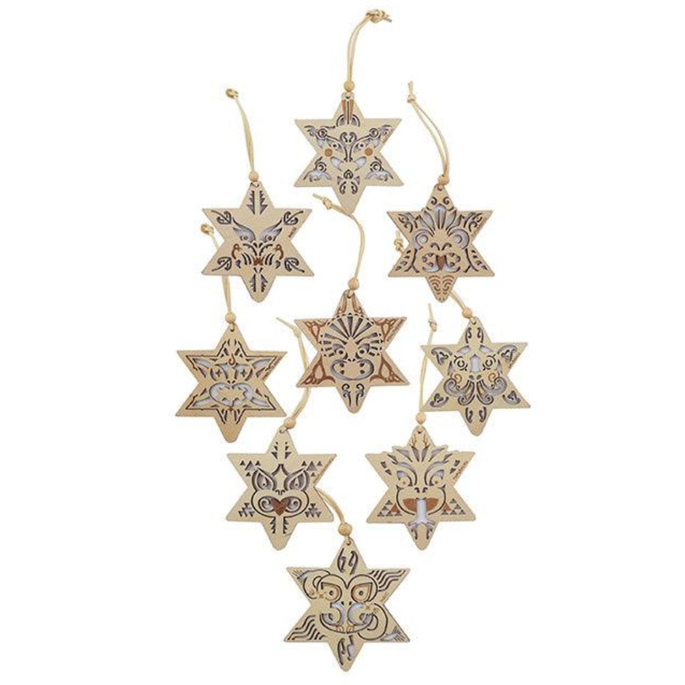 NZ Matariki Hanging Star Ornament Set 9pc Wooden Decorations Representing the Nine Stars of Matariki