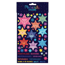 NZ Matariki Star Cluster Stickers sheet with nine named stars and colourful decorative stars
