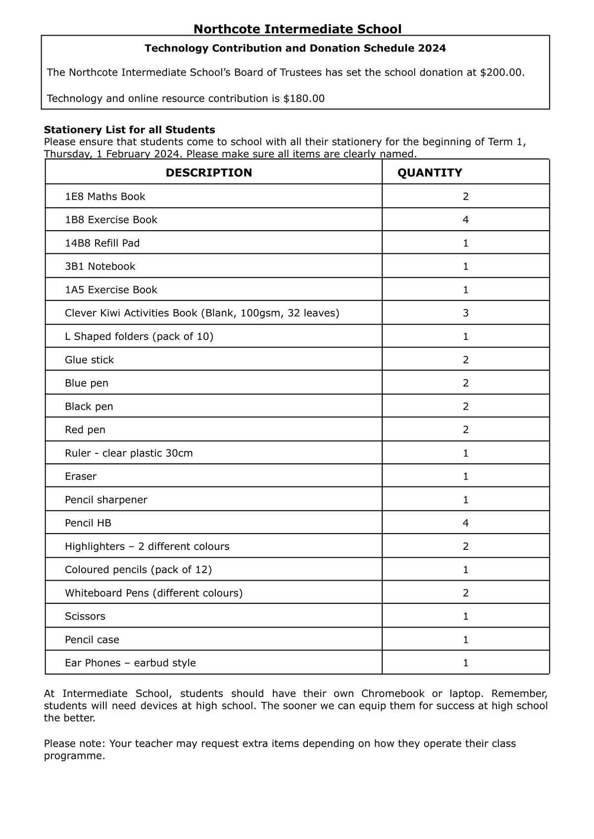 Northcote Intermediate School Stationery Pack 2024 – School Depot NZ