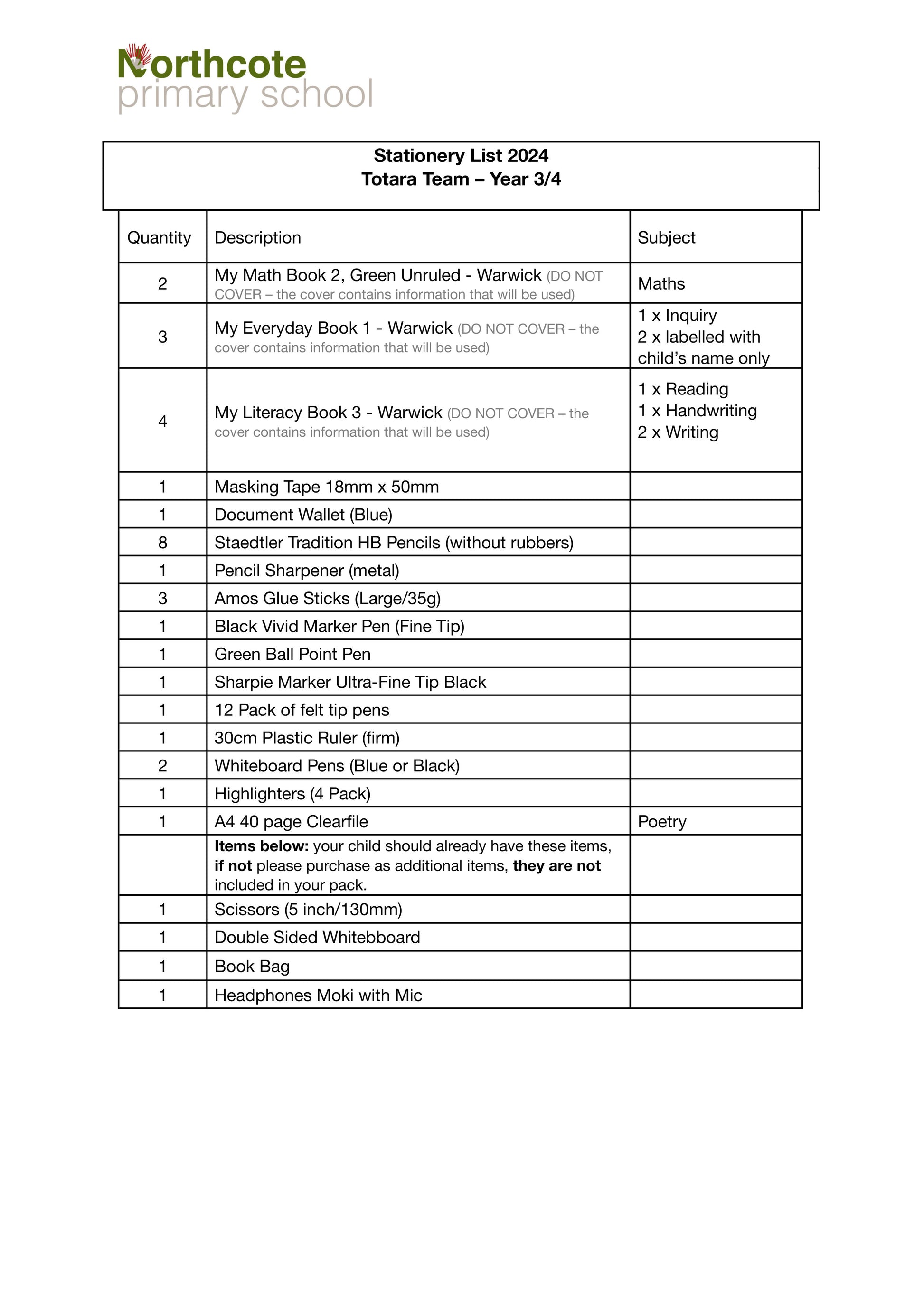 Northcote Primary School Stationery List 2024 Year 3 & 4