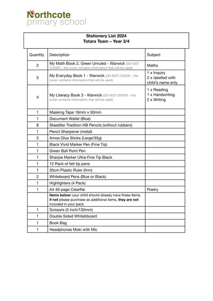 Northcote Primary School Stationery List 2024 Year 3 & 4