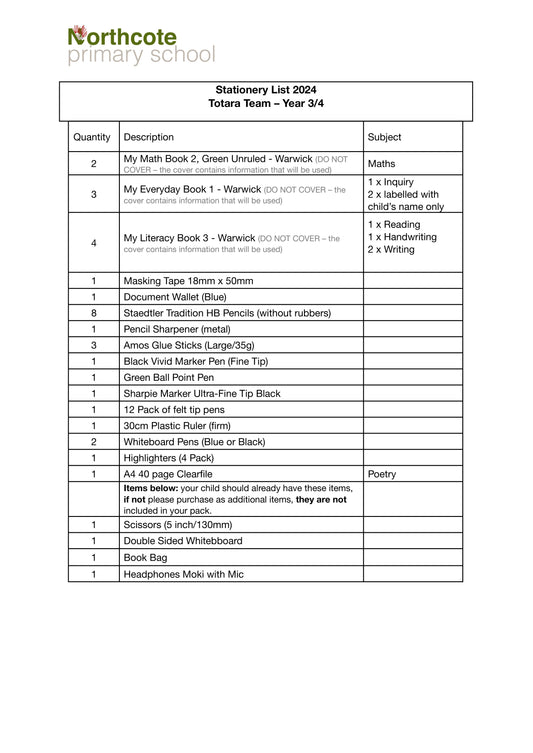 Northcote Primary School Stationery Packs School Depot NZ northcote-primary-school-stationery-packs-school-depot-nz