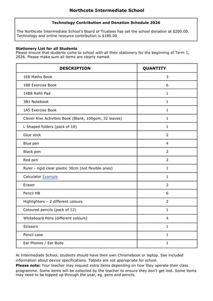 Northcote Intermediate Stationery List 2026